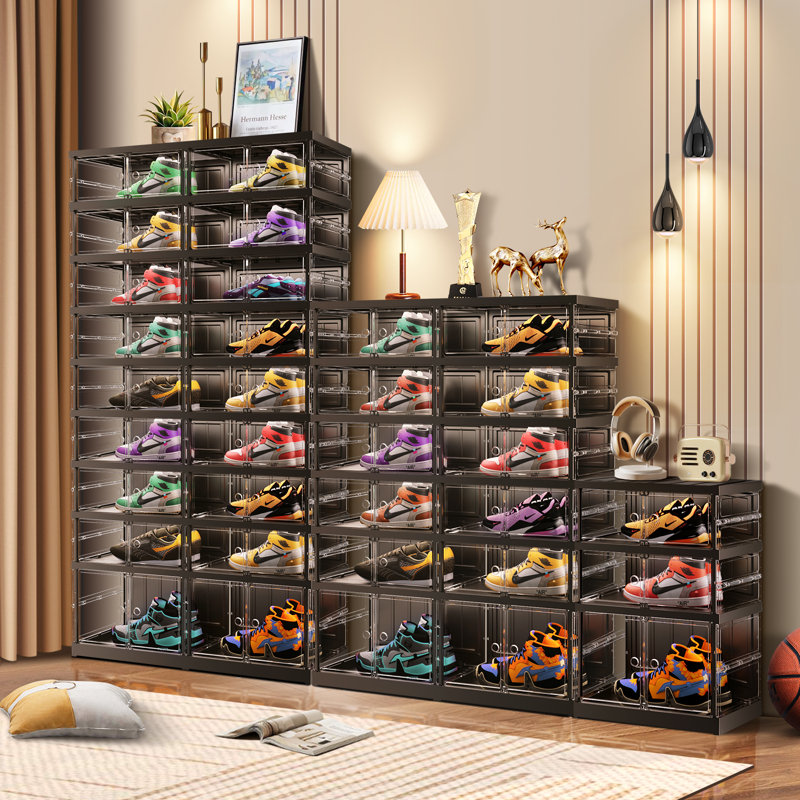 9-Tier 9-18 Pairs Plastic Stackable Shoe Storage Cabinet For Entryway Easy Assembly, Black