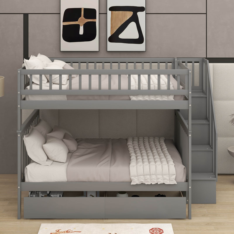 Full Over Full Bunk Bed With Drawers, Grey, Full