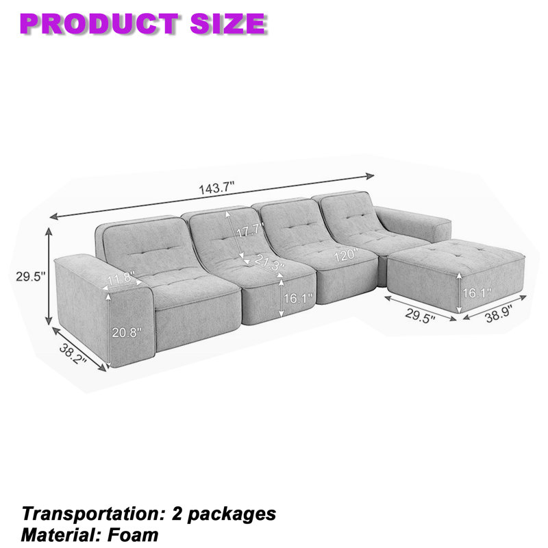 12-foot Modular Sparkle Chenille Sectional Sofa Set With Removable Ottoman & Chaise - Deep Seated Tufted Living Room Couch