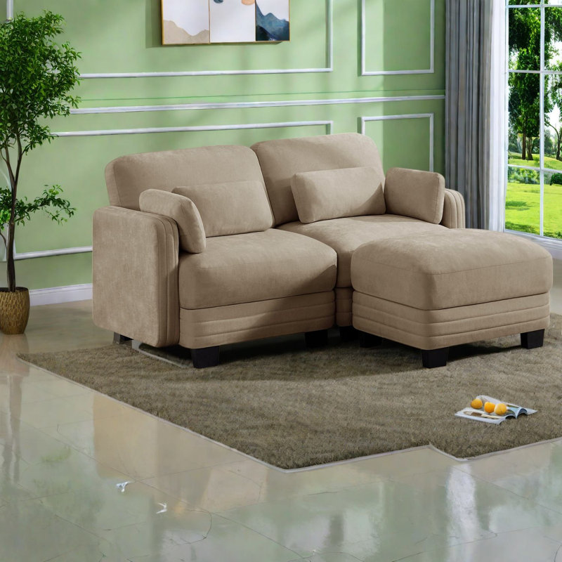 Canapé d'angle modulaire moderne 2 places, couleur camel chenille, avec pouf