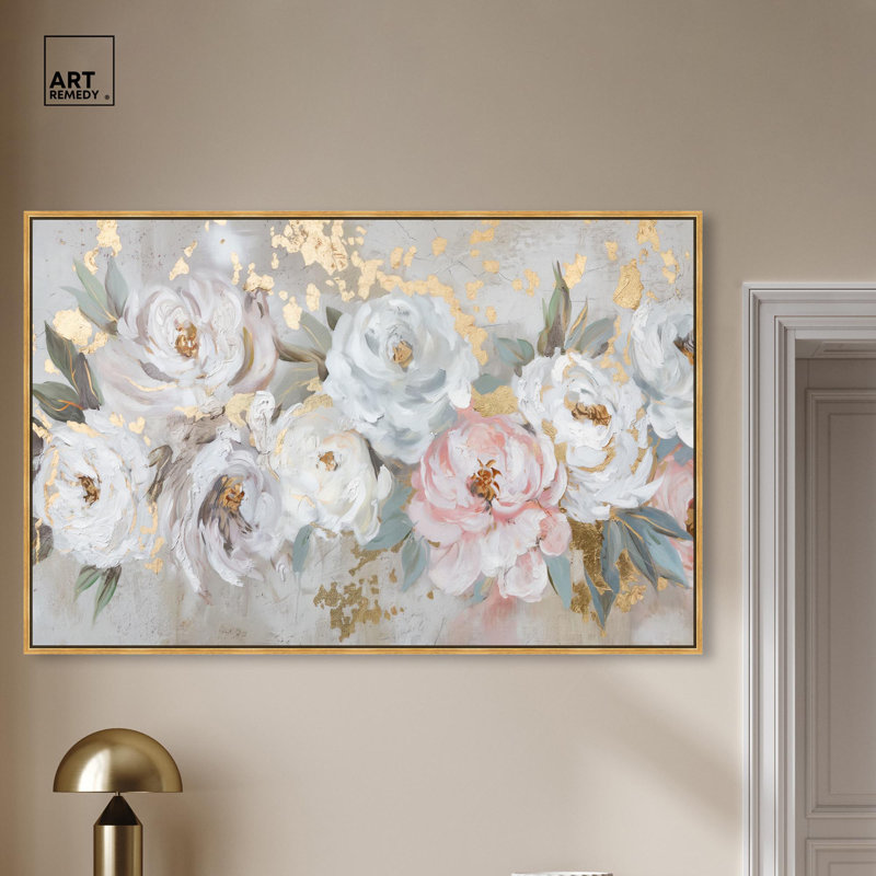 Art, art floral sur toile, H 3 po x l 55 po, Cadre flottant doré