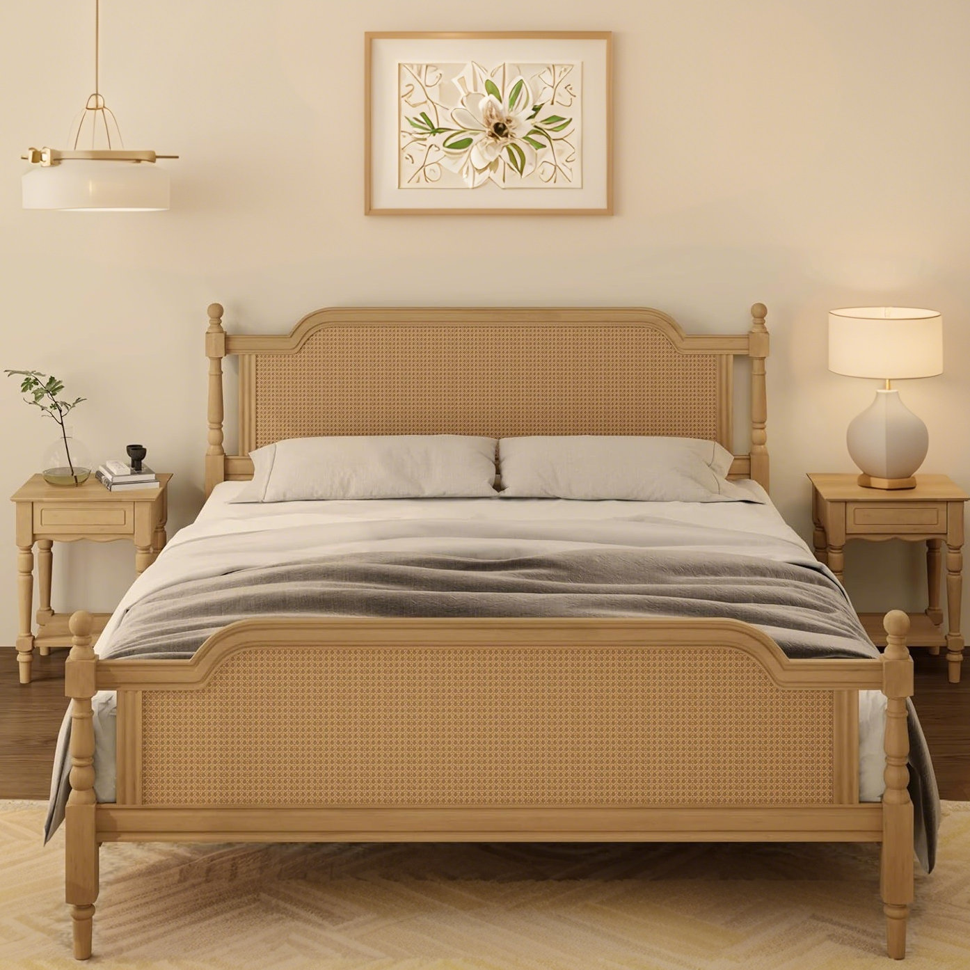 Bay Isle Home™ Solid Wood Bed Frame with Rattan Headboard, Boho Style ...