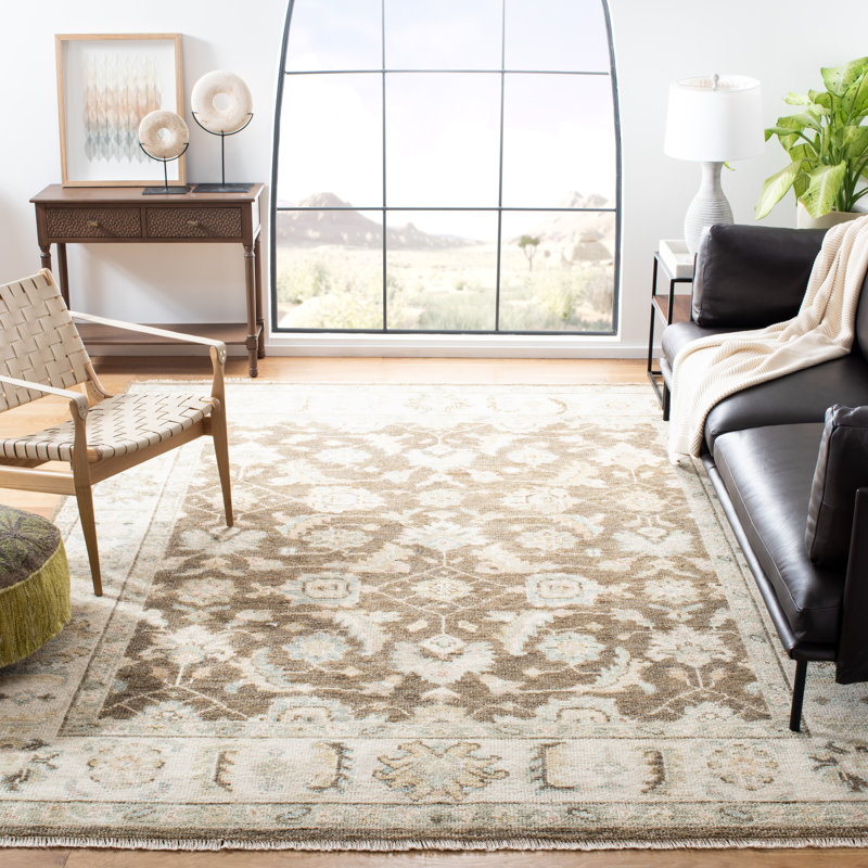 Tapis beige / brun en laine / coton noué à la main, Rectangle 10 pi x 14 pi
