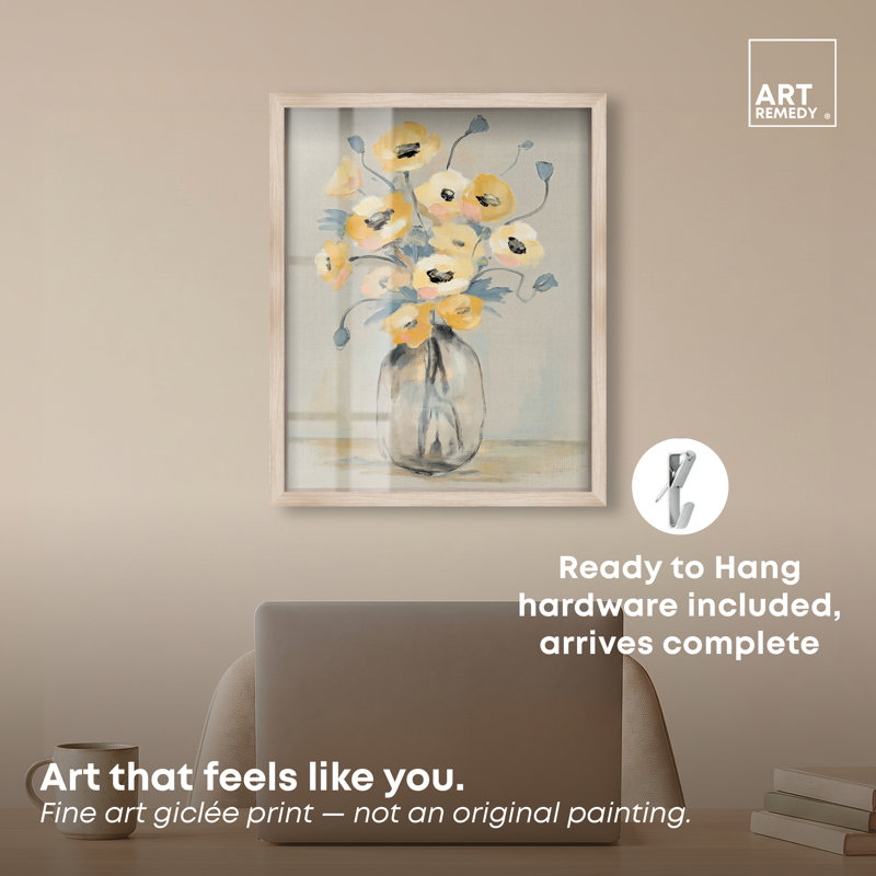 Art floral en verre, H 20 po x l 16 po, Cadre en chêne naturel