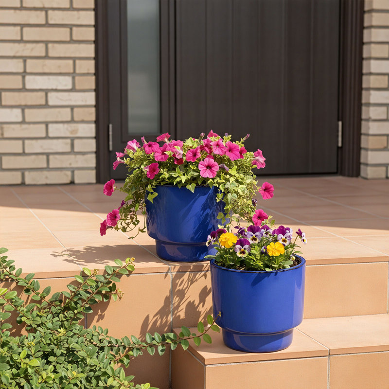 Ensemble de 3 pots à fleurs d'intérieur / extérieur en céramique avec trou de drainage, Bleu