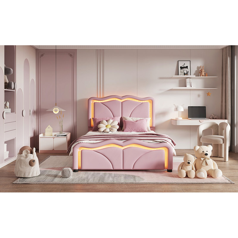 Lit plateforme tapissier avec tête de lit courbée et à hauteur ajustable, bandes lumineuses à DEL, Lit simple, Rose