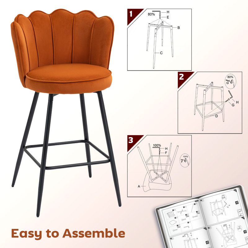 Upholstered Counter Stool with Metal Frame, Orange