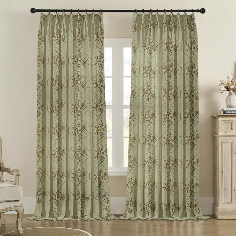 Fabdivine Gray and Brown Handmade Block Print Floral Pattern 100% Blackout Room Darkening Pure Linen Pinch Pleated Curtains  Kitchen or Window Hook Drapes, Vidhya