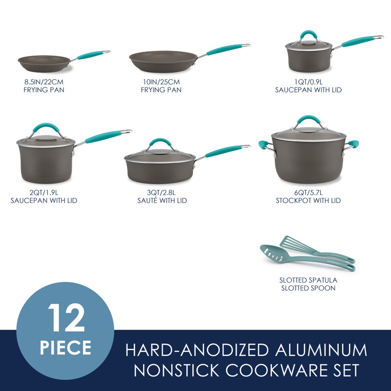 Rachael Ray Cucina Hard-Anodized Aluminum Nonstick Cookware Pots and Pans Set, 12 Piece, Agave Blue