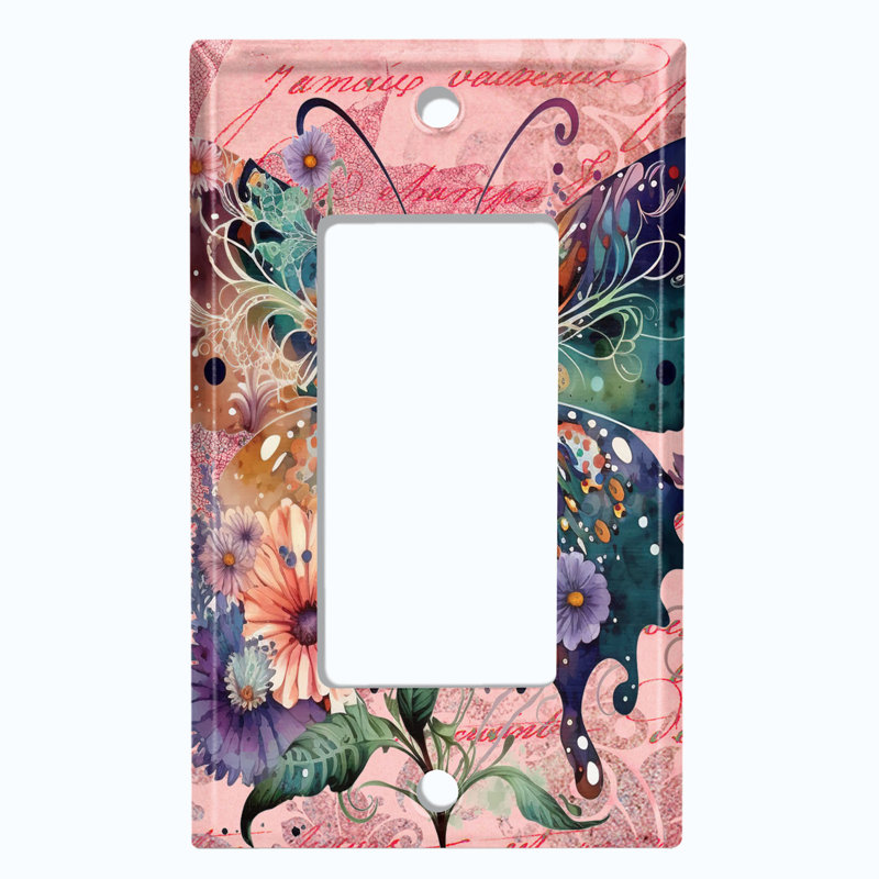 Metal Light Switch Plate Outlet Cover (Colourful Butterfly Flowers Damask Pink - Single Rocker)