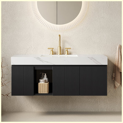 Meuble-lavabo flottant 48 po avec lavabo, comptoir en pierre frittée blanc Carrara et vasque en céramique, armoire noire, 3 trous de robinet pré-percés