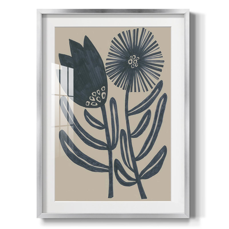 «Blockprint Folk Flowers II», reproduction encadrée, Papier avec cadre argenté, Blanc