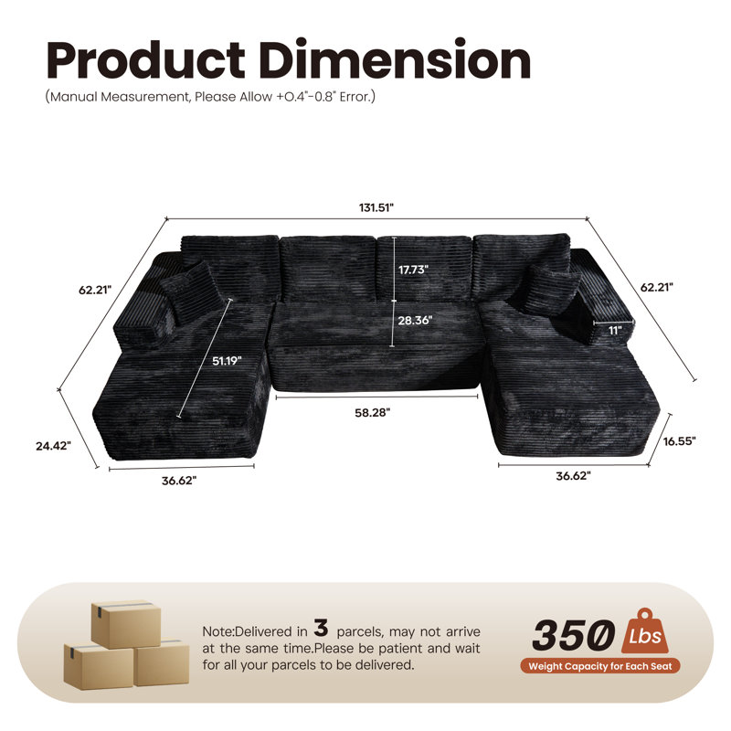 Corduroy U - Shaped Sectional Sofa, No Assembly Required With Individual Pocket Spring Cushions, Black Corduroy