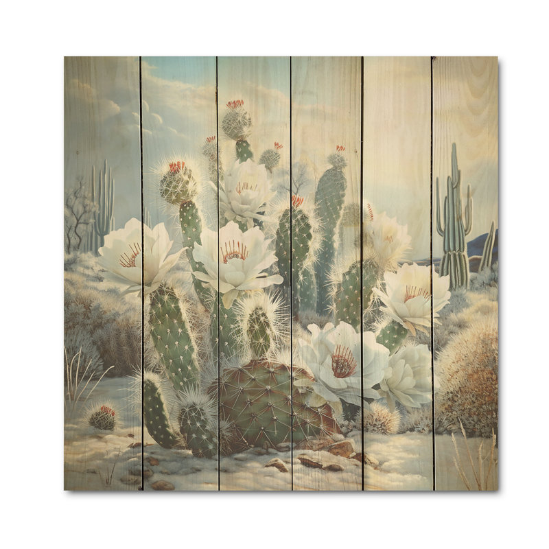 Cactus charme en hiver - Art mural en bois de cactus sur bois de pin naturel, H 36 po x l 36 po