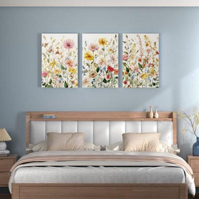 Ensemble de 3 toiles imprimées représentant un bouquet floral à l'aquarelle