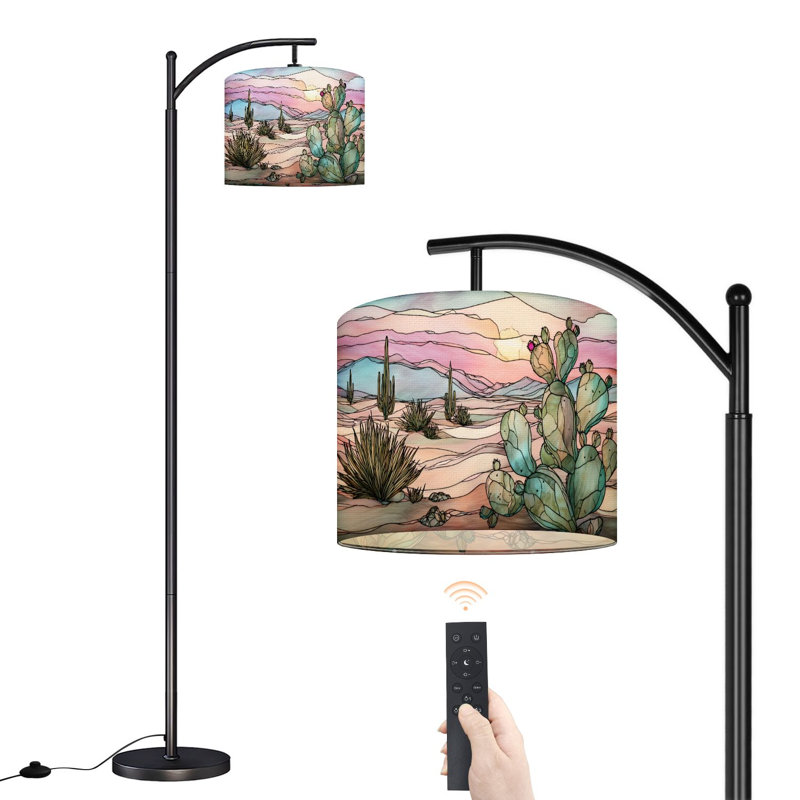 Lampe sur pied à arc avec abat-jour ajustable, fantaisiste, paysage occidental, aube, cactus, lampe sur pied, 3 températures de couleur, intensité variable, grand mât avec interrupteur au pied pour la chambre à coucher