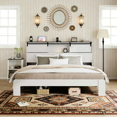 Queen Size Metal Bed Frame with Charging Station, No Box Spring Needed, Sturdy and Silent, Easy Assembly
