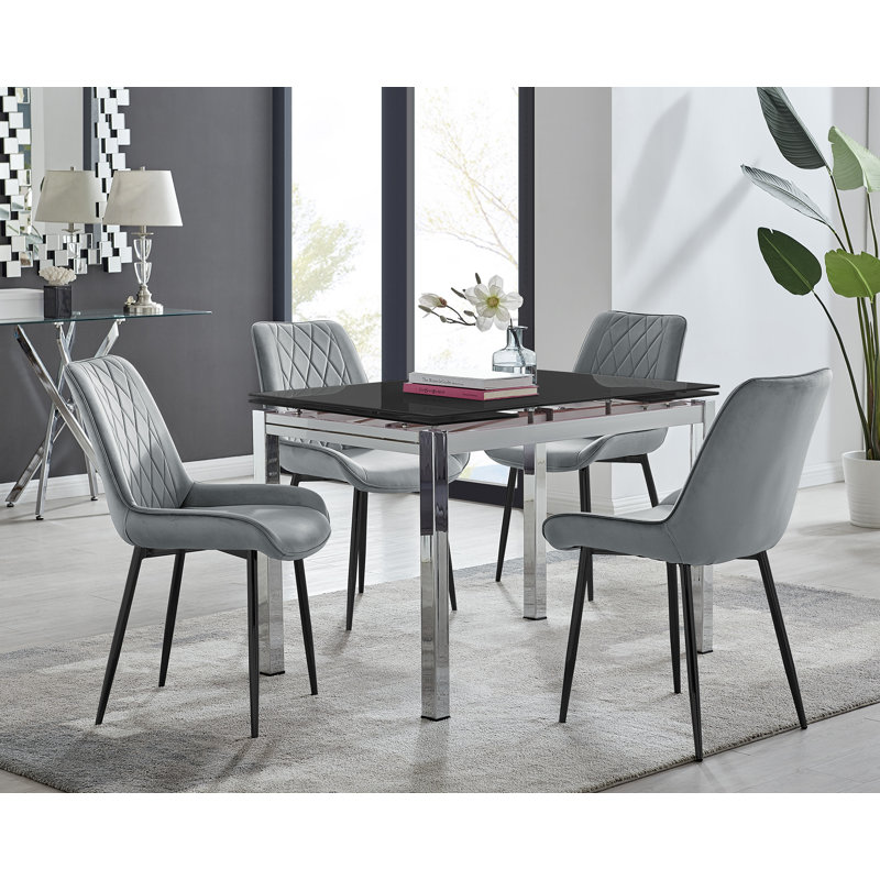Tierra Modern Glass & Metal Extendable Dining Table Set & 6 Luxury Upholstered Velvet Dining Chairs, Gray/Black