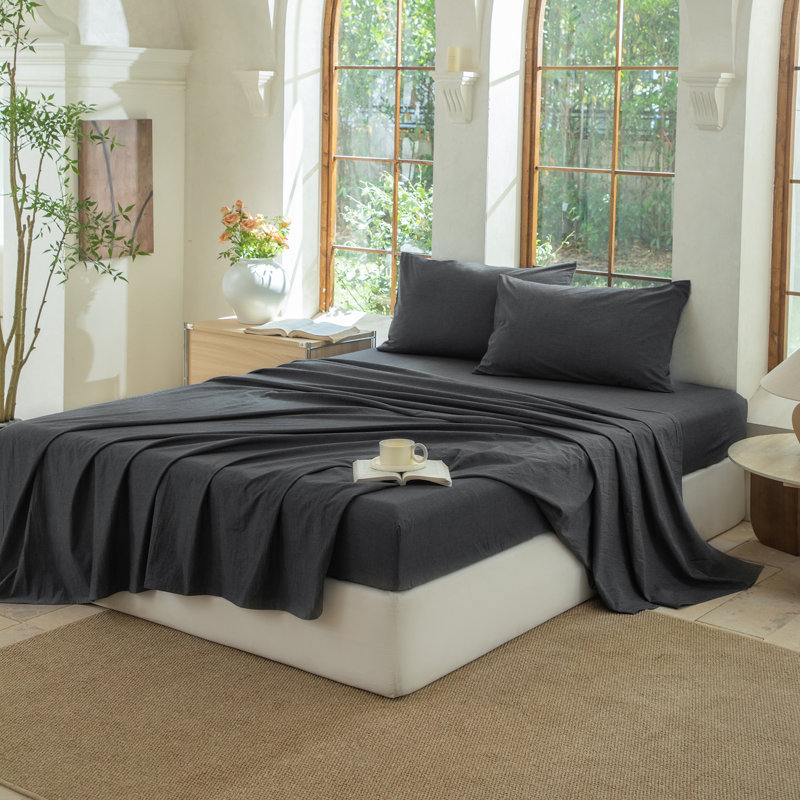 100% Washed Cotton Bedding Sheet Set 4 Pieces,1 Fitted Sheet,1 Flat Sheet and 2 Pillowcases,Comfy Textured Sheet Set, Black