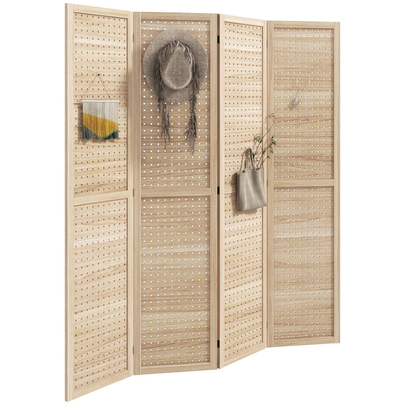 Paravent à 4 panneaux, écran d'intimité pliant en bois portatif de 5,6 pi de hauteur avec trous de crochet, cloisons de séparation autoportantes à charnières pour bureau personnel, naturel