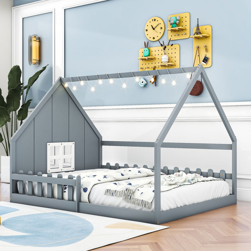 Lit double en bois, gris