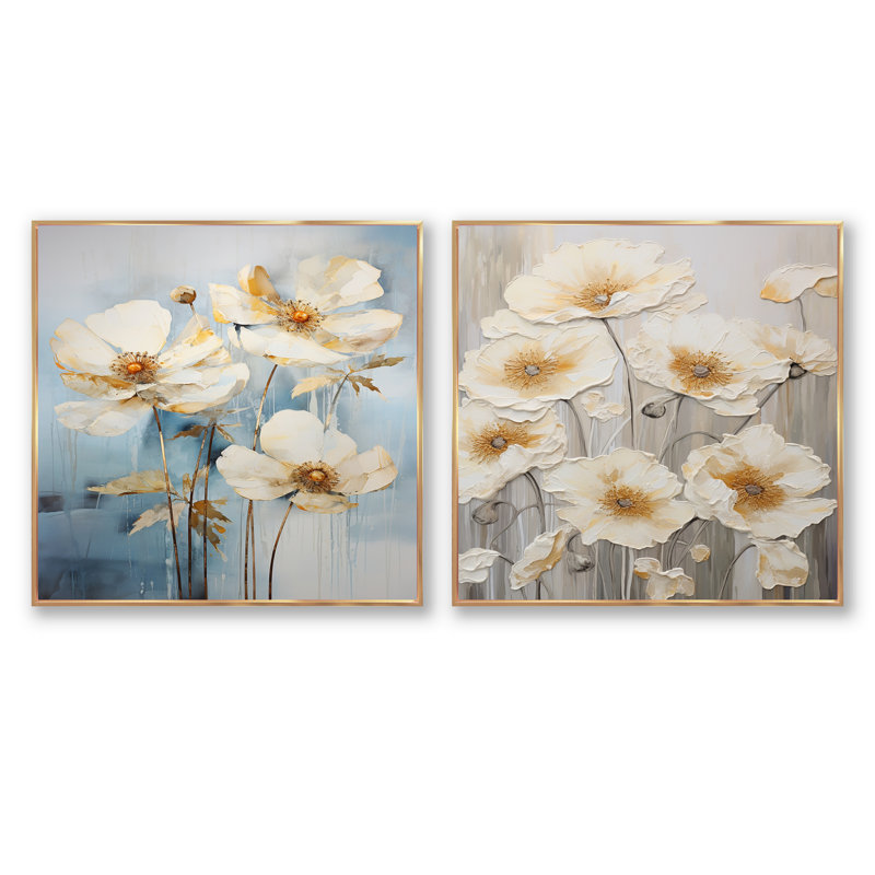 Minimalisme renoncules sur fond bleu - ensemble de 2 collages floraux carrés, Cadre flottant doré, H 36 po x l 73 po
