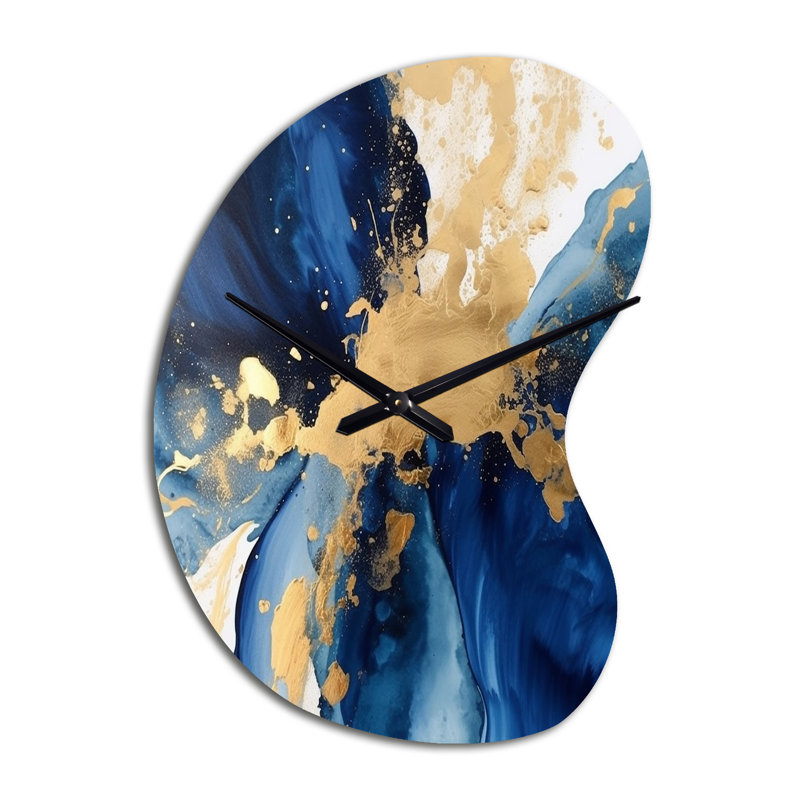 Dark Blue And Gold Strokes VIII - Boom Shape Unique Fractals Wall Clock, Small