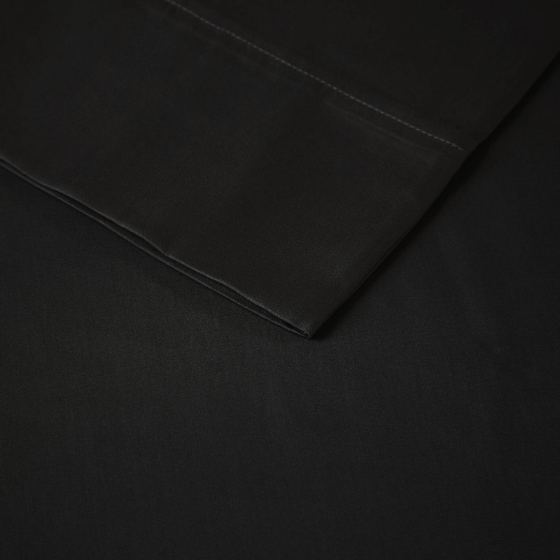 Grand drap 4 pièces en mélange de coton noir à densité de tissage 1500, tissage froissé, toucher doux, drap-housse à poche profonde, 2 taies d'oreiller, finition lavable à la machine, à plat et draps, lavable