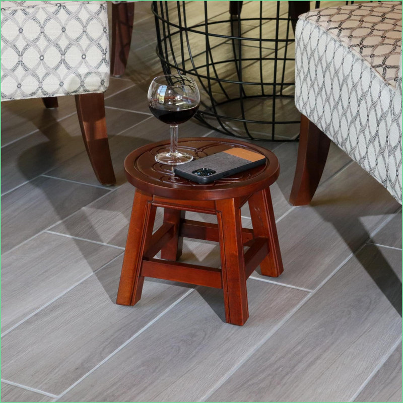 Ottoman Footrest Step Stool, Carved Butterfly Rubberwood Cherry | 10in H x 11in Diameter | Wood | Walnut Brown, Brown