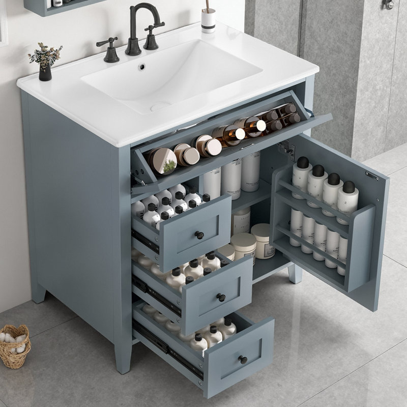 Meuble-lavabo moderne 30 po avec lavabo, 3 tiroirs et tablette réglable, armoire de rangement autoportante en bois massif