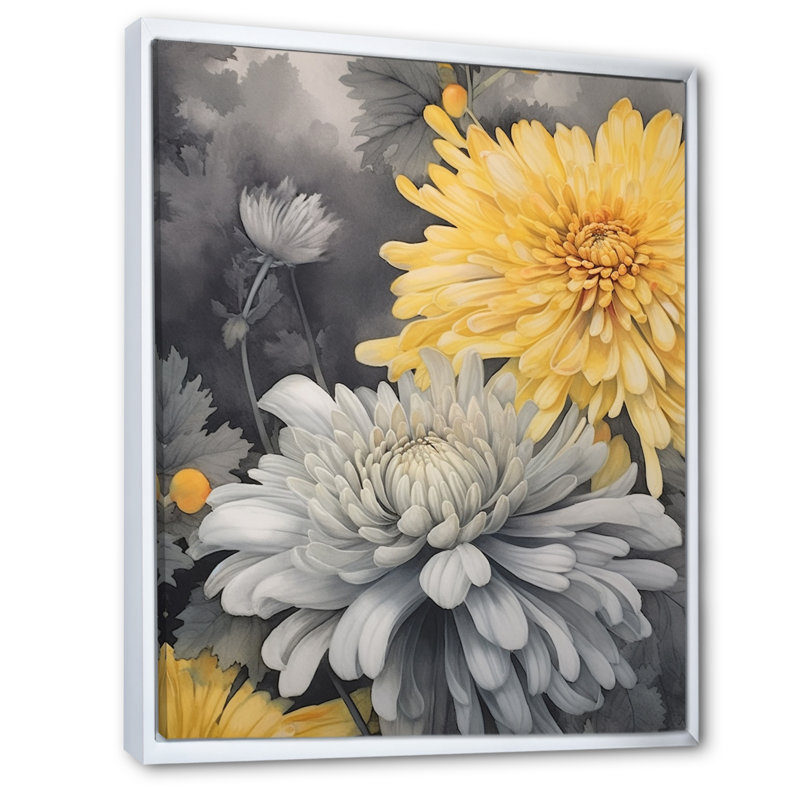 " Yellow Gray Mums Spendor ", 20" H x 12" W x 1" D, White Floater Frame