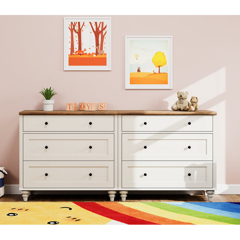 Commode 6 tiroirs, commode large pour enfants, organisateur de garde-robe en bois de style Mid-Century moderne, grande commode en bois de salon et commode de chambre de bébé élégante (paquet de 2)