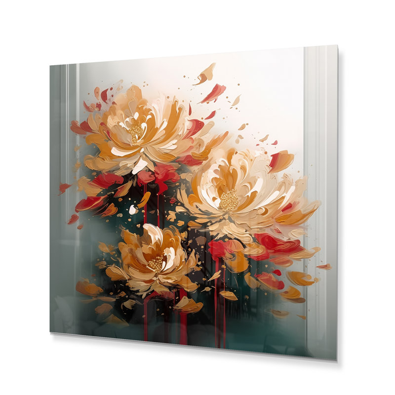 Décoration murale fleur d'or rouge I - Floral, H 16 po x l 16 po x P 1 po