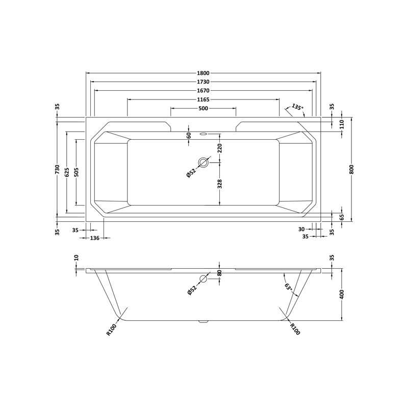 Ascott 1800mm x 800mm Soaking Acrylic Bathtub