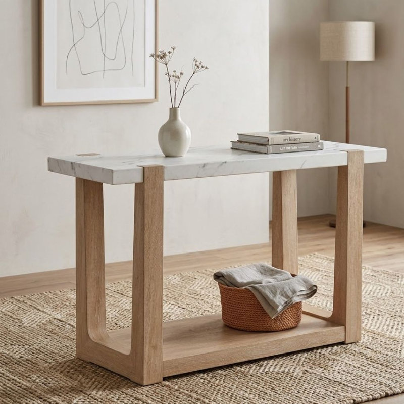 Iscaleon 50 In. White/Natural Rectangular Faux Marble Console Table With Bottom Shelf