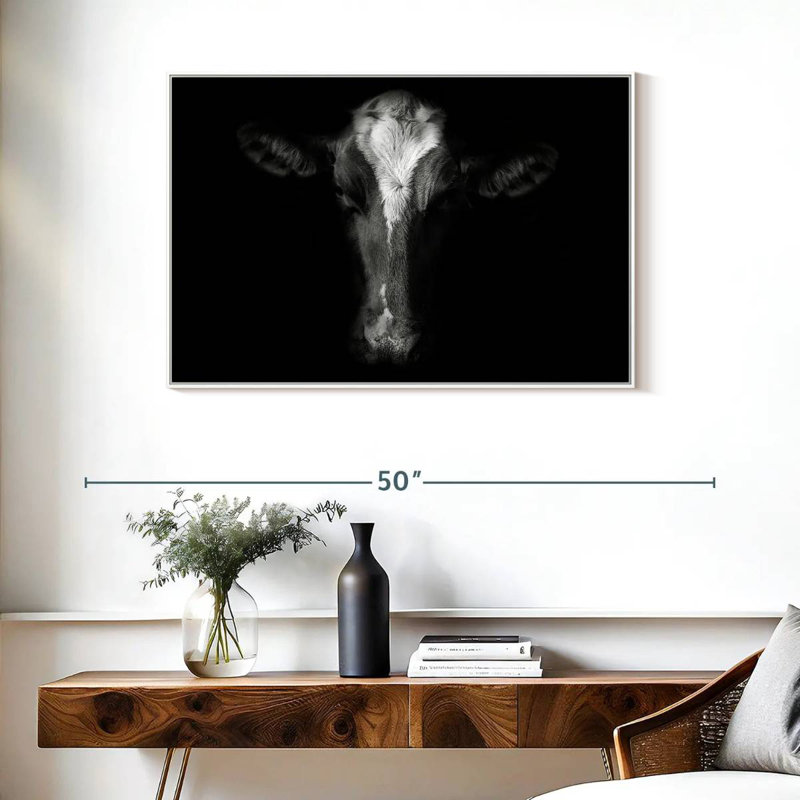 Visage de vache monochrome, Cadre flottant blanc, 37 po x 25 po