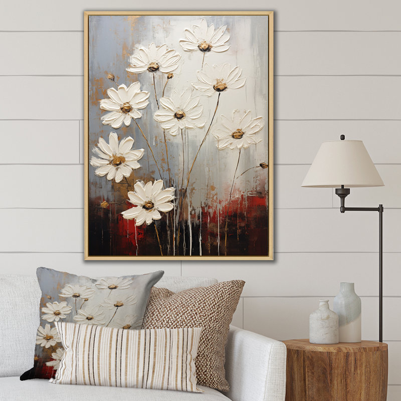 «White Daisy Meadow Elegance VI», reproduction sur toile, Cadre naturel flottant, H 44 po x l 34 po x P 1,5 po