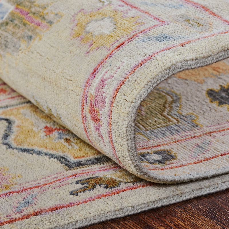 Galena Hand Knotted Wool Oriental Area Rug in Cream; Blue; Vintage Linen; Rose, Rectangle 3' x 5'