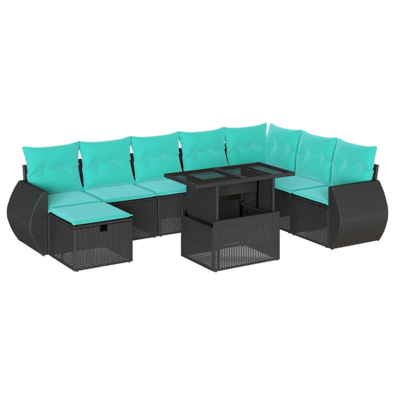 Ensemble de canapé de patio 9 pièces avec coussins en rotin de polyester, Noir, Vert