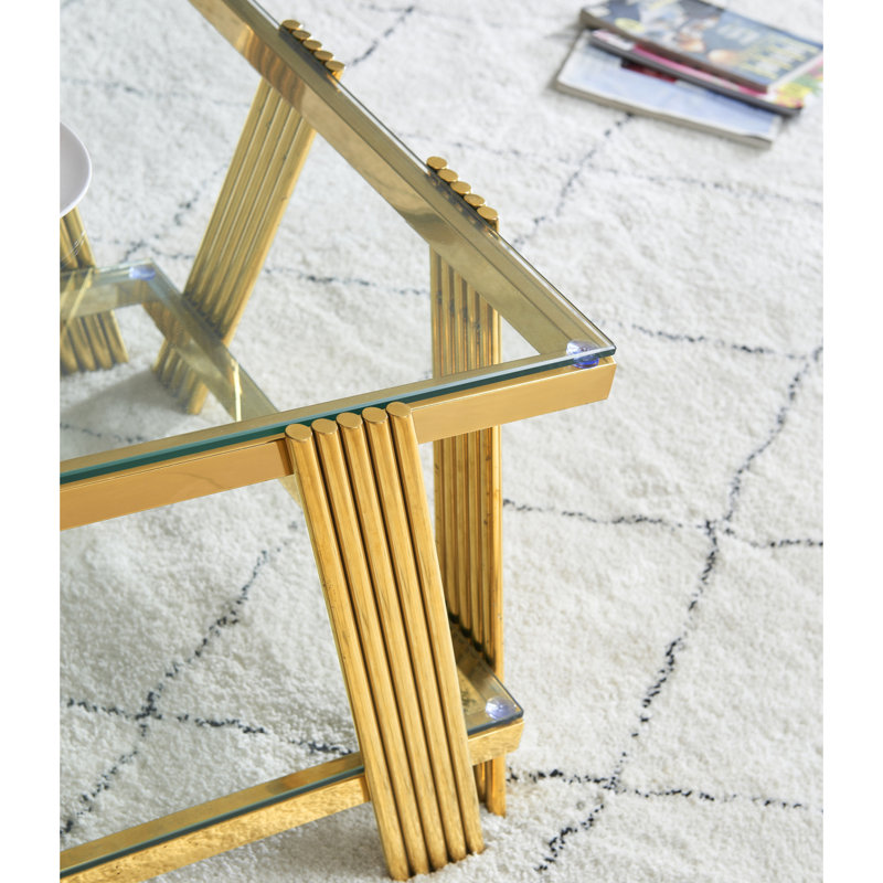 Table basse rectangulaire moderne en acier inoxydable de 47 po de largeur, table basse en verre trempé transparent à deux couches, table centrale avec rangement, pour le bureau à domicile, assemblage facile, or