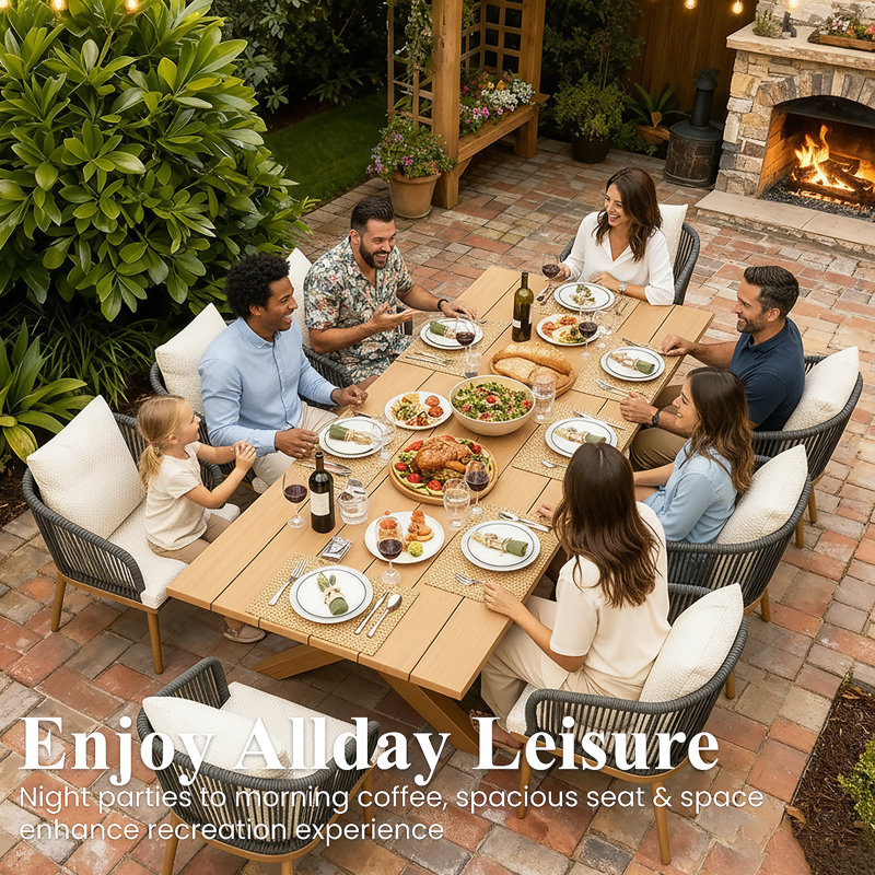 Outdoor Dining Set Woven Rope Wicker Patio Dining Set With Rectangular Aluminum Table And Modern Armrest Dining Chairs, Beige