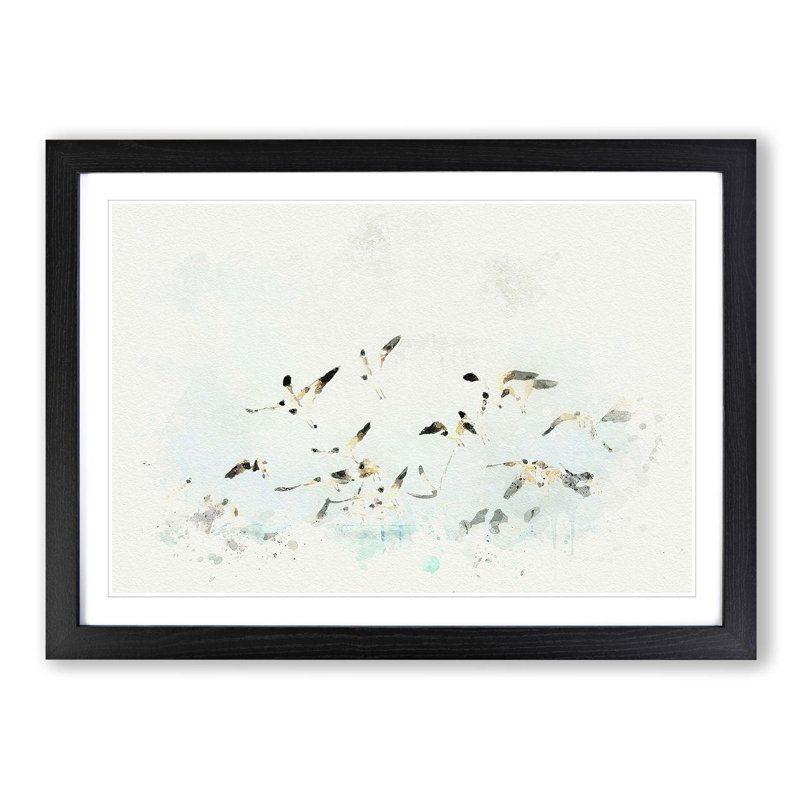 Flock of Seagulls over the Sea in Abstract - Picture Frame Graphic Art Print on MDF, 62cm H x 87cm W x 2cm D, Black Framed