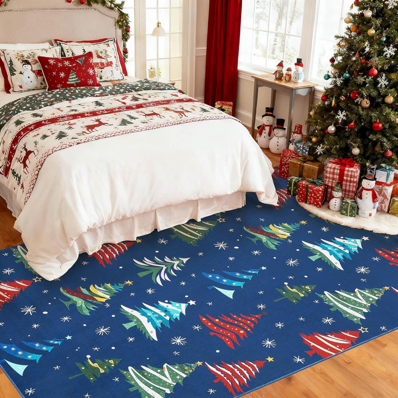 Tapis de Noël 9 x 12 avec motif d'arbre de Noël, tapis lavable et antidérapant pour salon, bleu, Bleu, Rectangle 9 pi x 12 pi