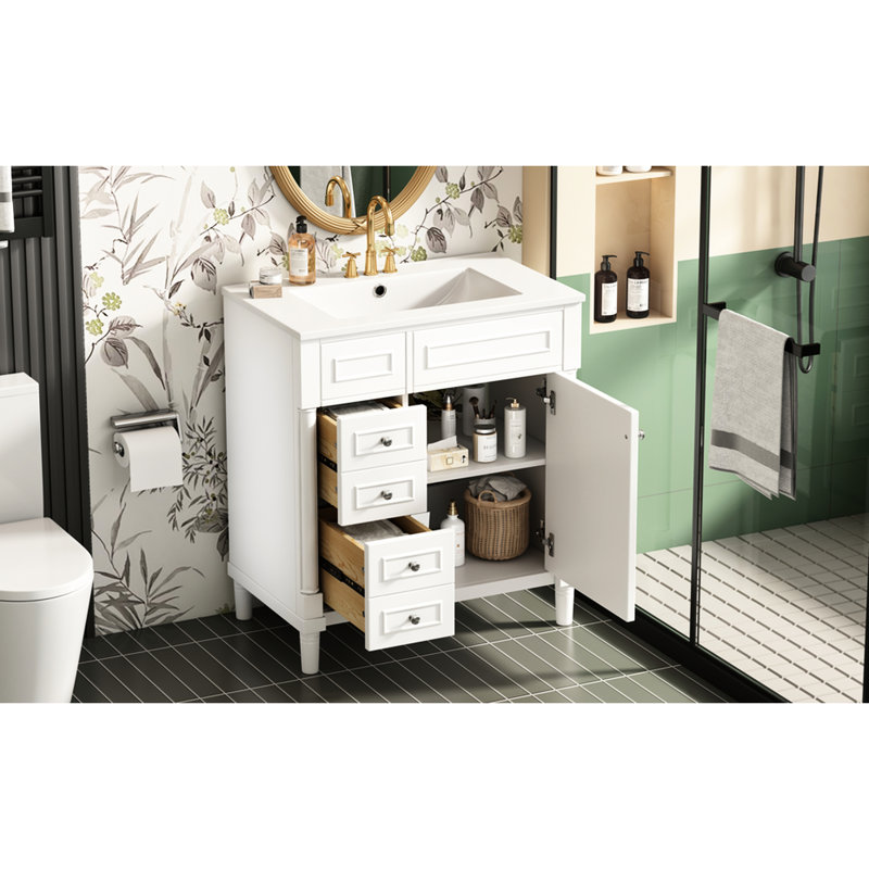 Meuble-lavabo de 30 pouces avec lavabo, 2 tiroirs et porte Warrick - Conception fonctionnelle, construction en bois massif, rails de tiroir lisses, lavabo, meuble de rangement autoportant de style moderne 30 po