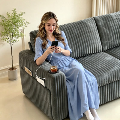 Dyonery 91" Corduroy Sectional Sleeper Sofa | Adjustable Backrest, USB Ports, Tool-Free Assembly
