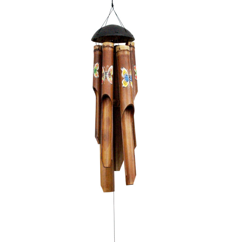 Hand Painted Rainbow Butterfly Bamboo Wind Chime with Coconut Top