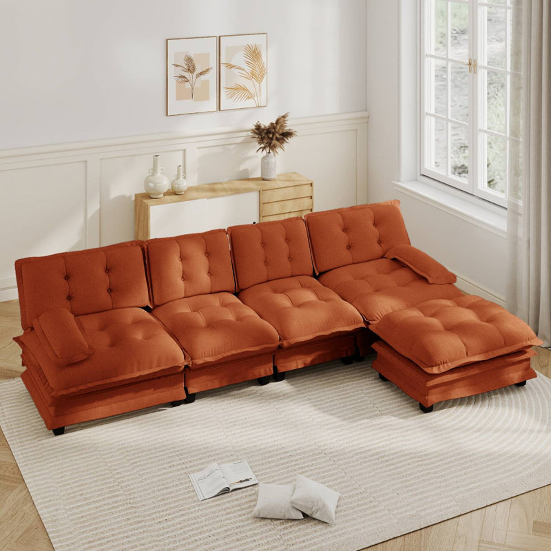 Canapé modulaire en L en chenille avec repose-pieds, Orange