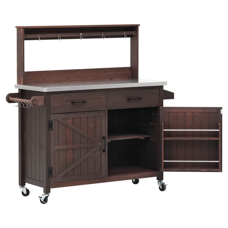 54.1" Outdoor Kitchen Island With High Shelf, Large Outdoor Potting Bench Table With Stainless Steel Top And Storage Cabinet, Solid Wood Grill Cart With Lockable Wheels For BBQ, Garden