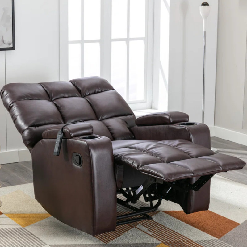 Louisbourg 33.5" Wide Modern Faux Leather Soft Backrest Manual Release Recliner With Massage & Arm Compartment & Hidden Cup Holders