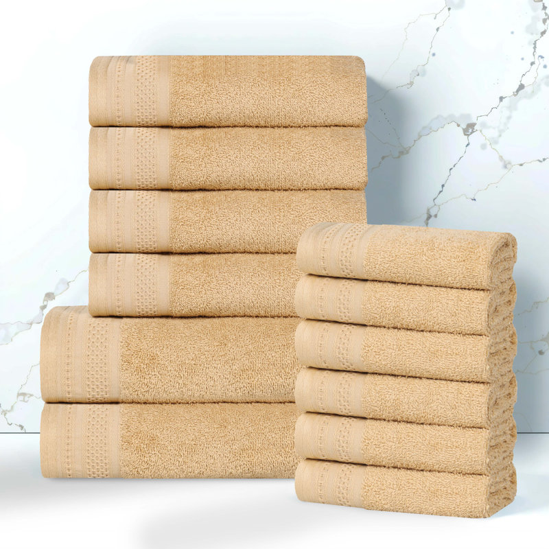 Josann 12 Piece 100% Cotton Honeycomb Jacquard & Solid Bath Towel Set, Gold